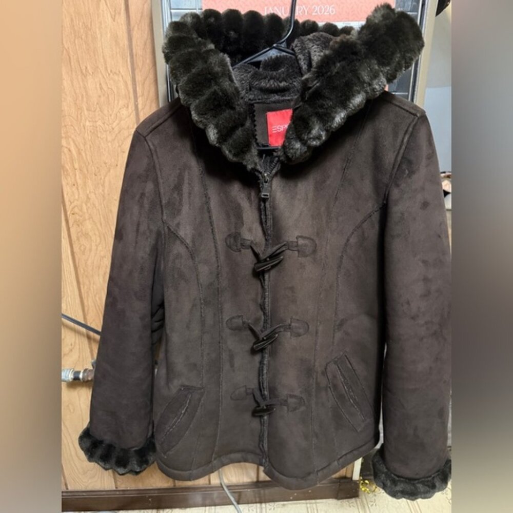 Esprit Black Faux Fur Trimmed Coat
